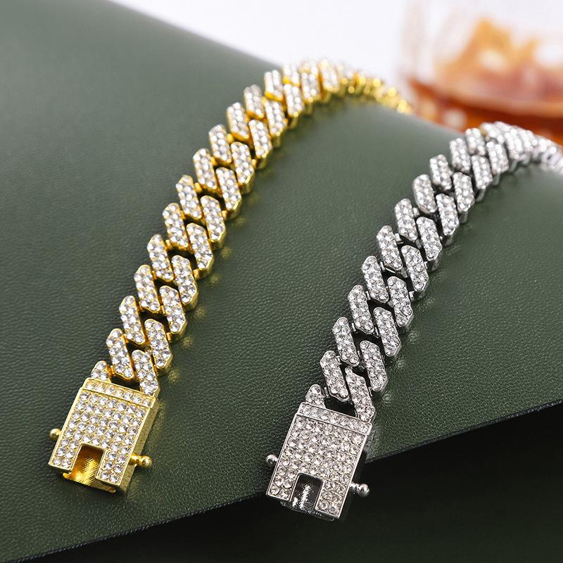 Cuban chain, 12mm, diamond shaped, men's and women's necklace, rhinestone, button, sweater chain, light luxury and high-end feel, hip-hop style