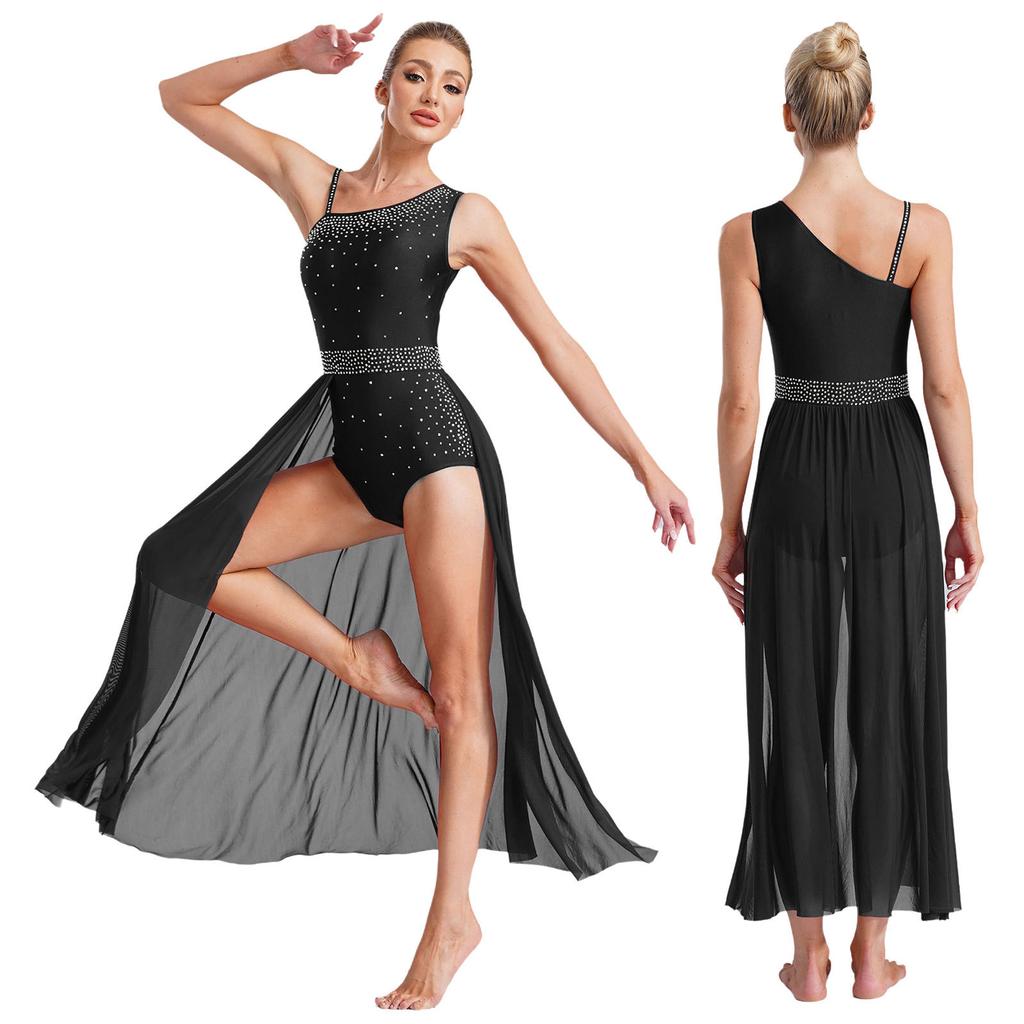 Прозрачное сетчатое платье для лирического танца женское без рукавов с высоким разрезом асимметричное плечо блестящие стразы