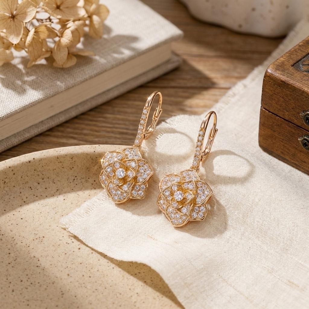 Temperament Inlaid CZ Zircon Camellia Flower Drop Earrings For Women Men Luxury Floral Dangle Earrings Wedding Banquet Jewelry