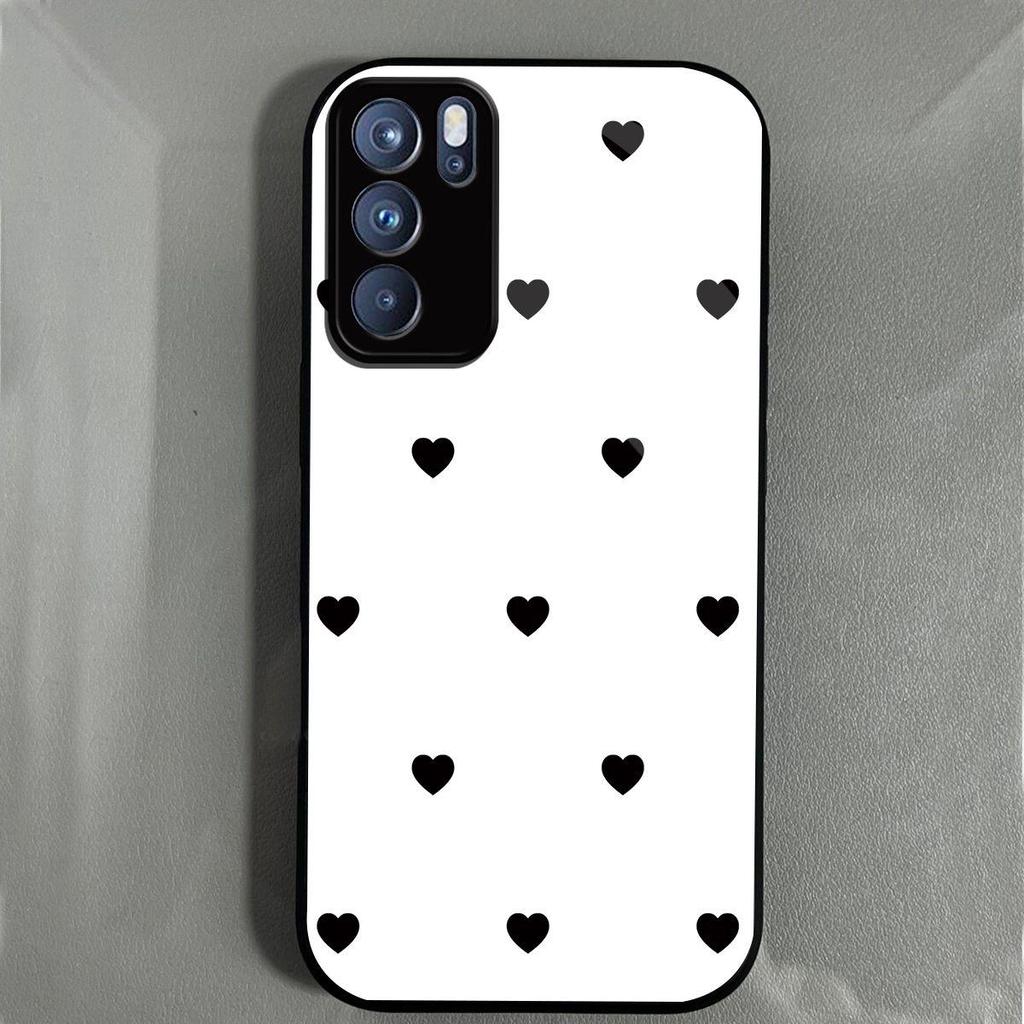 Черный Чехол с Узором Сердечки для OPPO Reno6 5G, Акриловая Задняя Панель, ТПУ Бампер, Ударопрочный Защитный Чехол, Минималистичный Корейский Стиль