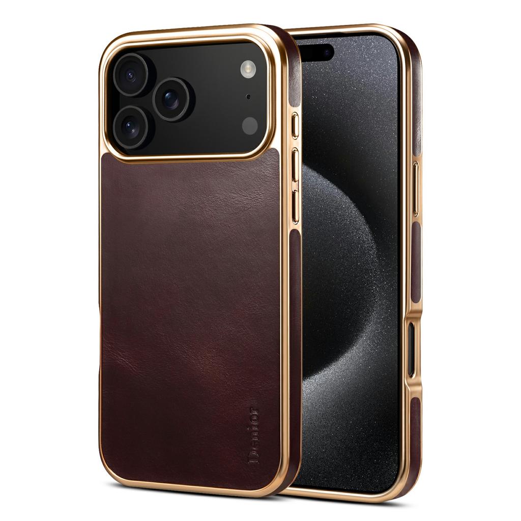 DENIOR A01 For iPhone 17 Pro Max Case Waxy Texture Genuine Cow Leather Electroplating Back Cover