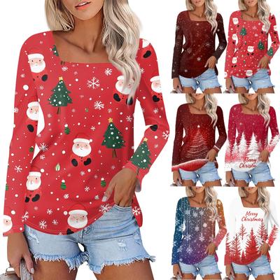 Рубашка для женщин, модная, повседневная, с квадратным вырезом, длинным рукавом, свободная, с рождественским принтом, женская футболка, топ