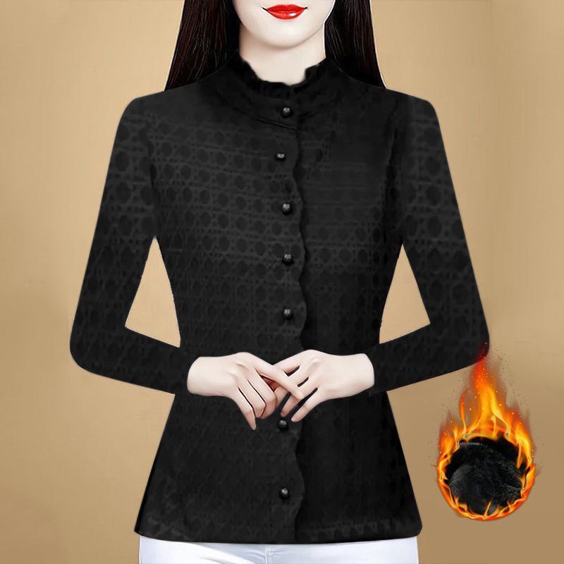 Корейская версия универсальной футболки Niche Plus Velvet Spring New Mother с воротником-стойкой для женщин среднего и пожилого возраста, теплая базовая рубашка