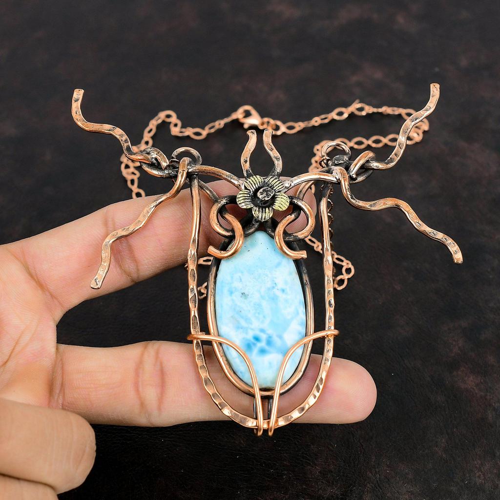 Larimar Necklace Copper Wire Wrapped Gemstone Necklace Copper Handmade Jewelry Adjustable Chain Necklace Gifts For Her Real Larimar Jewelry
