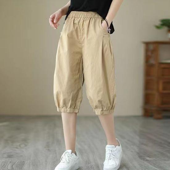 Women Shorts Mid-rise Elastic Waist Knee-Length Pants Solid Color Loose Fit Short Pants Streetwear