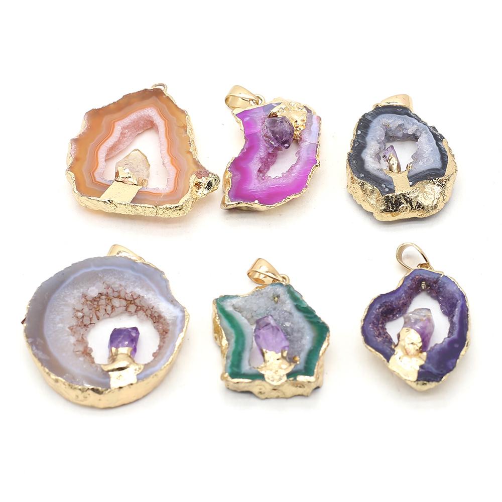 1Pc Energy Natural Agates Pendants with Amethyst, Fashion Handmade Irregular Druze Charms for Jewelry Making DIY Accessories Fit Necklaces Craft Gift