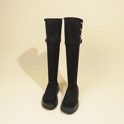 Высокие до колена Современные ботинки на квадратном каблуке Зимние слипоны с круглым носком Женская обувь 2024 Горячая распродажа Каблук средней высоты Пряжка Новинка Женские ботинки