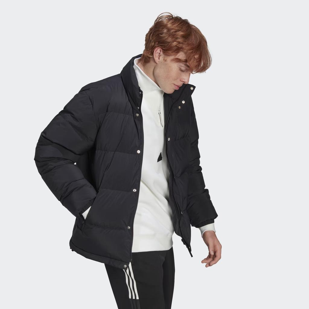 Adidas Однобортный прямой пуховик с однобортным логотипом и нашивкой, мужская верхняя одежда черного цвета HG2065