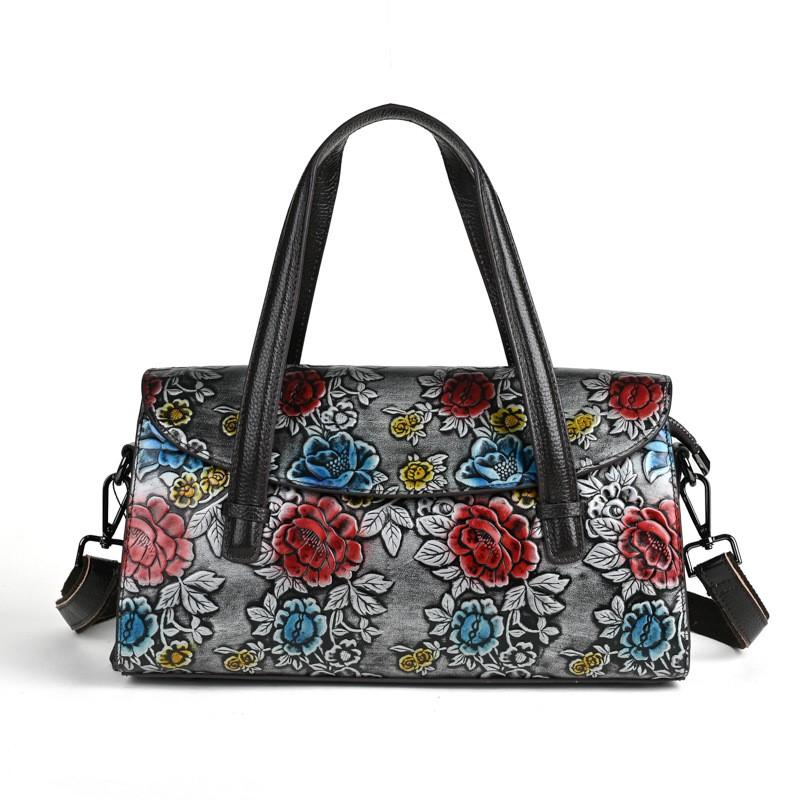 Johnature Retro Embossed Genuine Leather Women Bag Hand Painted Versatile Cowhide Shoulder & Crossbody Bags
