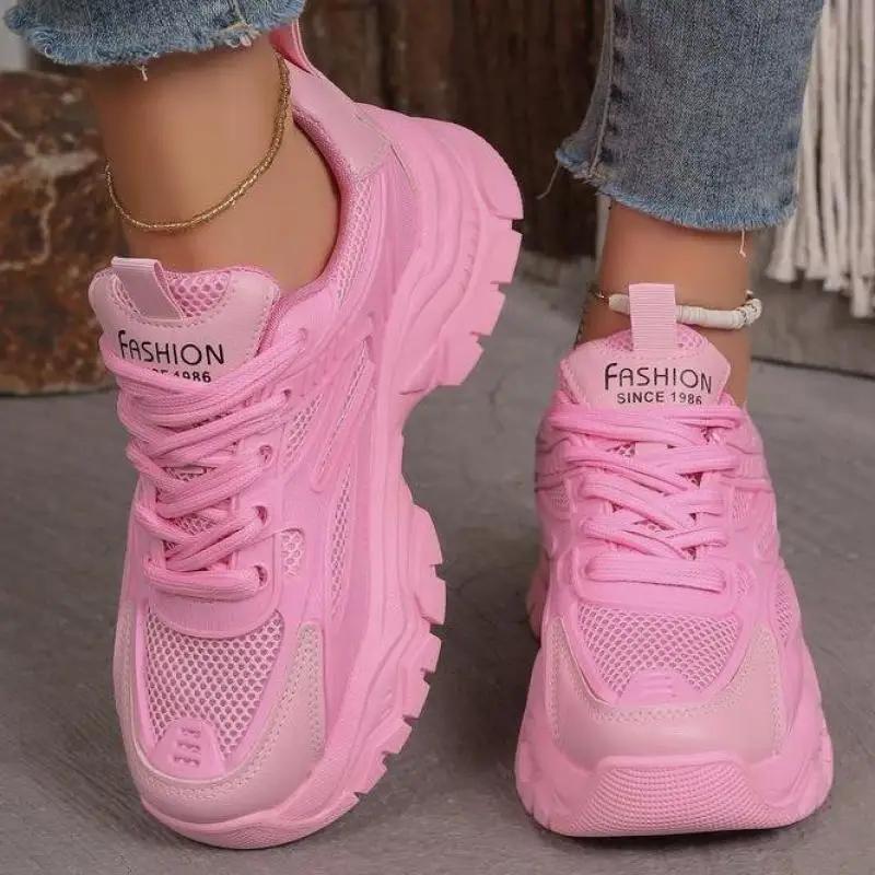 Spring Summer Purple Women Breathable Comfortable Thick Sole Casual Sneakers Fashion Hollow Mesh Lace Up Female Wedges Shoes