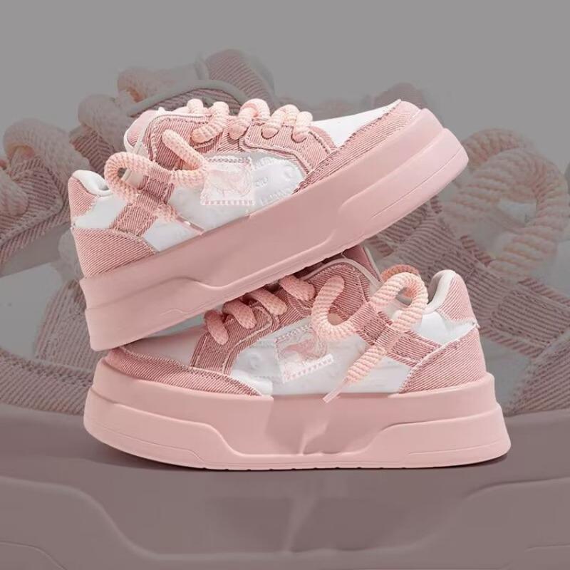 Women Pink Platform Skateboard Shoes Fashion Lace-up Comfortable Vulcanized Shoes Women Casual Sneakers Pu Leather Jogging Shoes