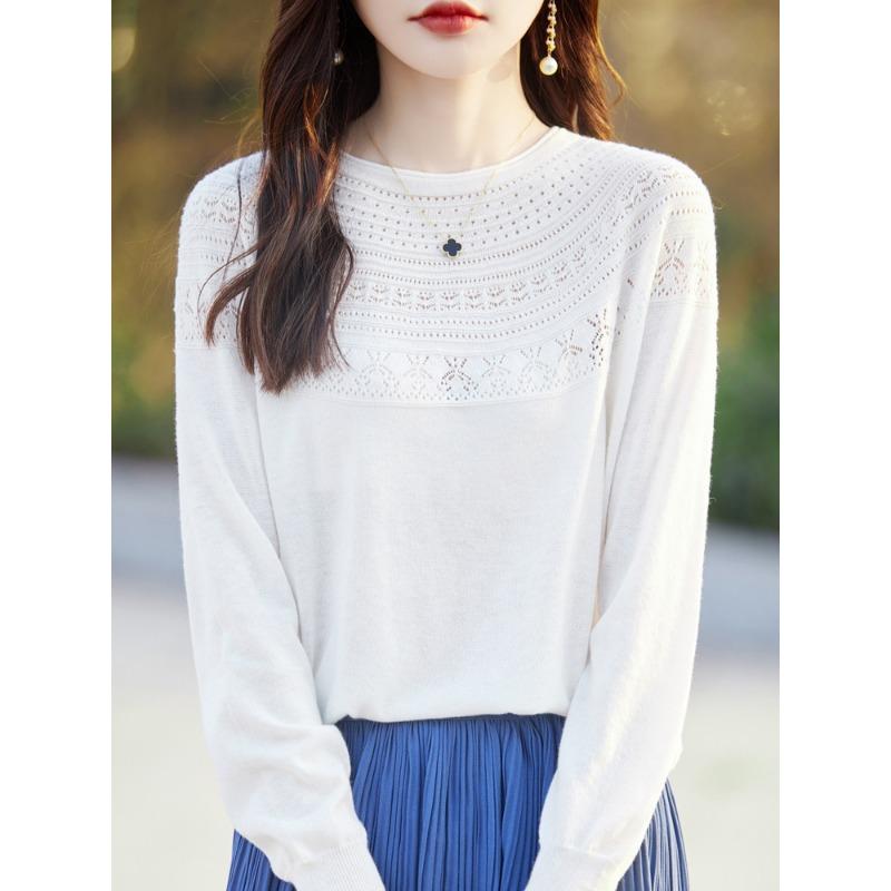 One-line Ready-to-wear Rolled Round Neck Hollow Wool Sweater for Women In Summer Loose Versatile Thin Wool Base Shirt for Women