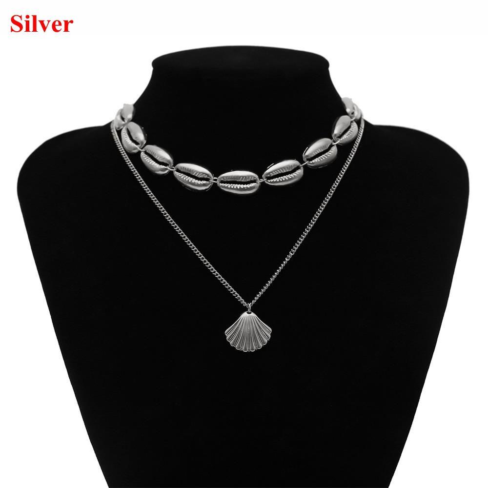 Golden Silver Chain Choker Multilayer Shell Necklace Bohemian Cowry Seashell Pendant Beach Jewelry