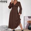 Women's Fashion Spring Fall Solid Color Print Long Sleeve V-Neck High Waist Casual Dresses