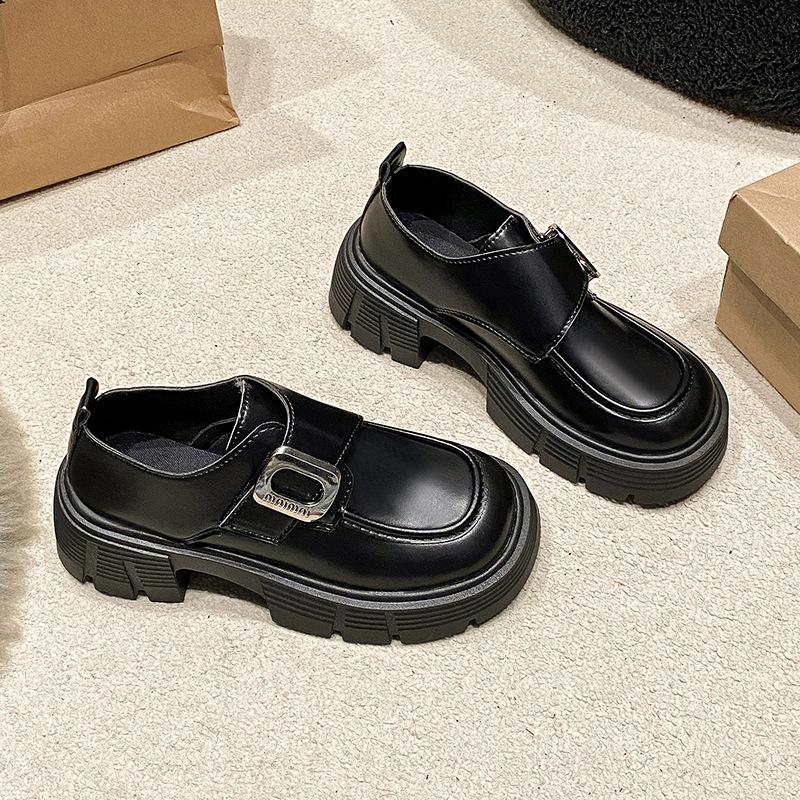 Loafers Women's Spring and Autumn New Platform Heightening Retro Velcro Small Leather Shoes Thick Heel British Commuter Shoes