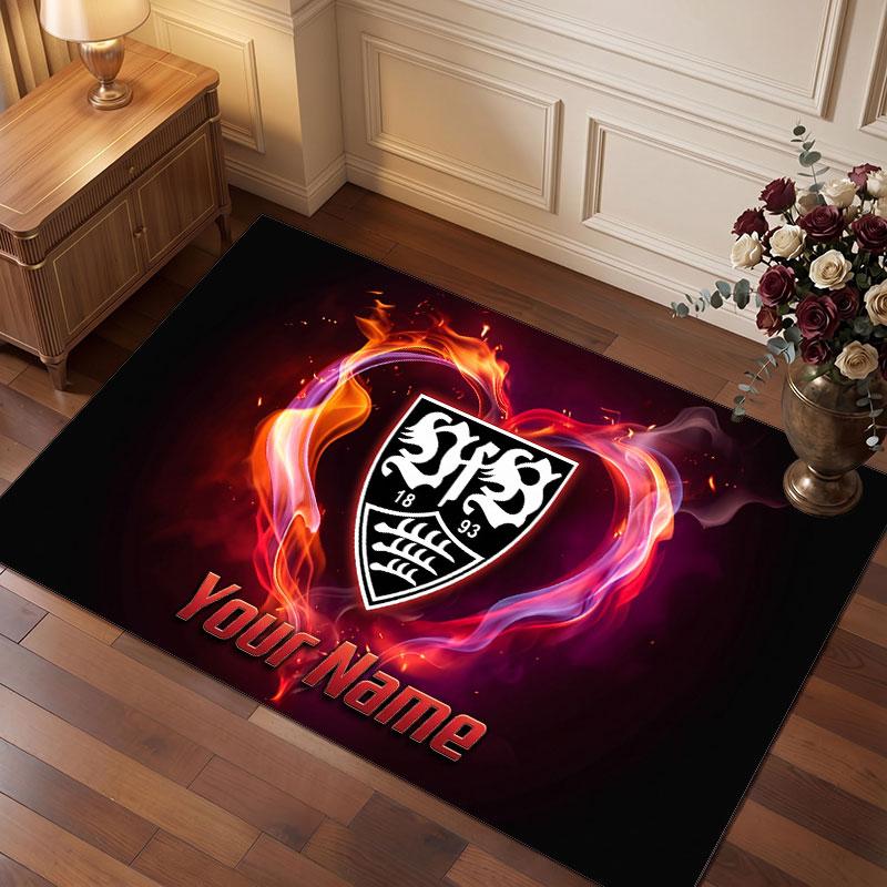 VfB Stuttgart FC Custom Crystal Velvet Rug, Personalized Name Text Print, Football Logo Soft Non‑Slip Floor Mat Home Decor Gift