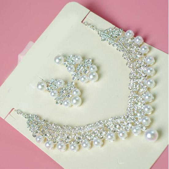 Женщины искусственный жемчуг горный хрусталь кулон ожерелье серьги Корона Тиара комплект ювелирных изделий