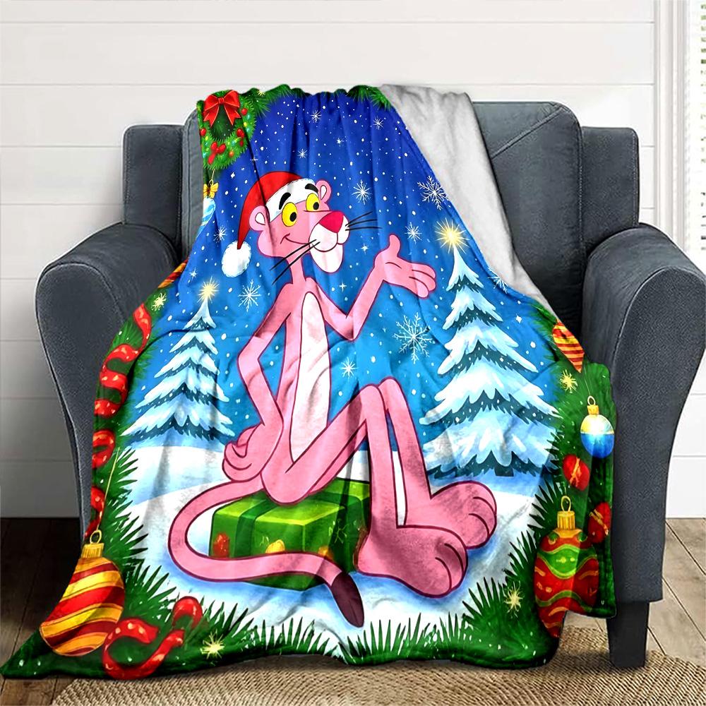 Pink Panther Christmas Flannel Blanket Super Soft Warm Cozy Blanket for Sofa Bed Office Travel All‑Season Home Decor Gift