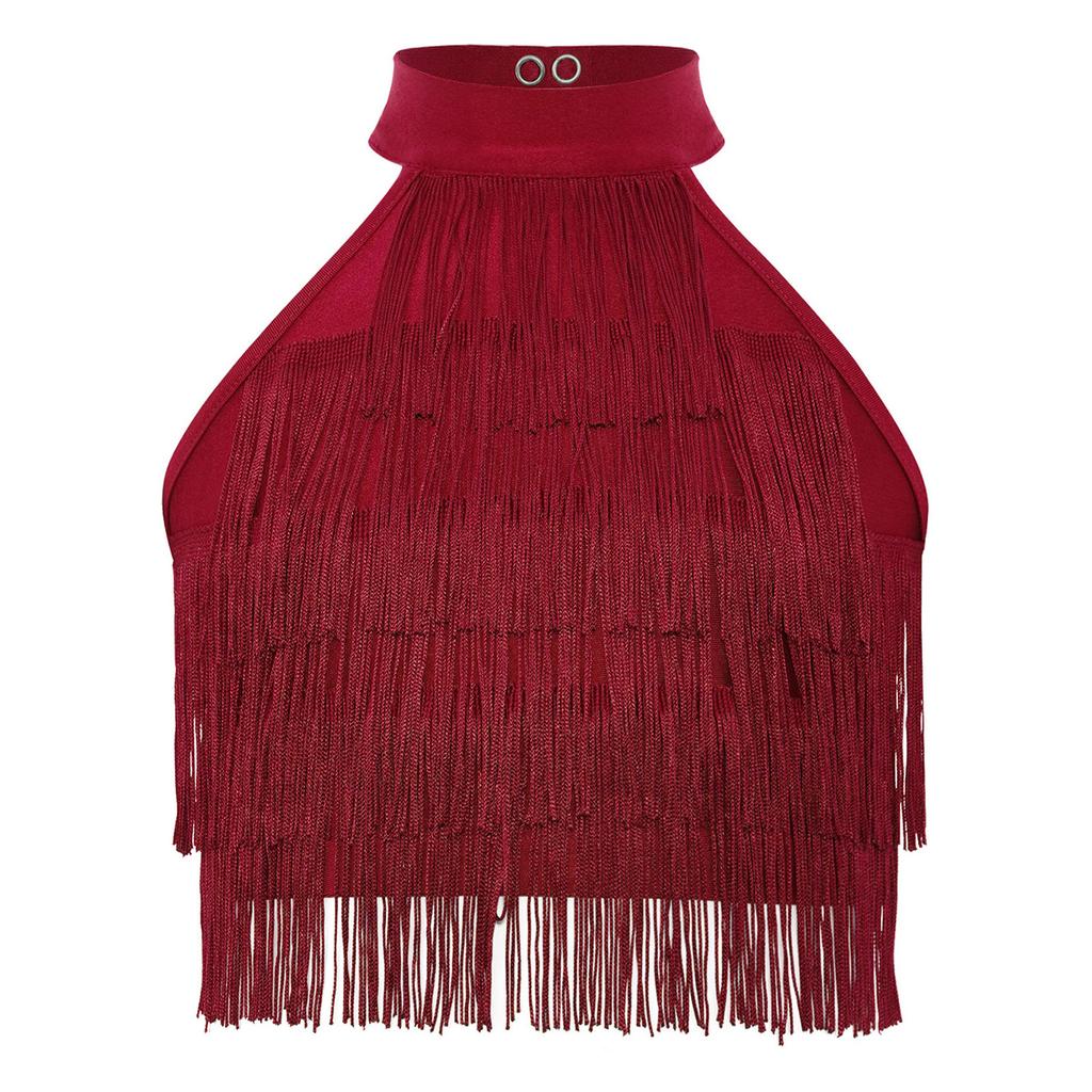 Девочки Сальса Латинские Танцы Укороченный Топ: Безрукавка с бахромой и ремешками на спине с многоярусной бахромой для соревнований