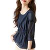 J-Scott Women's Navy Chiffon Blouse with Sheer, 3/4 Sleeves, Gathered Ribbon, and Lace (JS143-NV-S) - Limited Stock