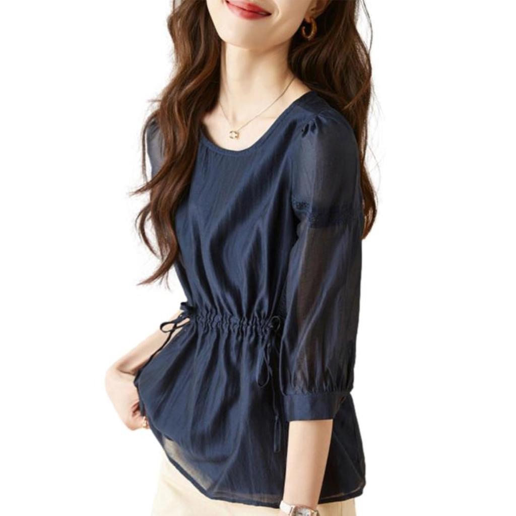 J-Scott Women's Navy Chiffon Blouse with Sheer, 3/4 Sleeves, Gathered Ribbon, and Lace (JS143-NV-S) - Limited Stock