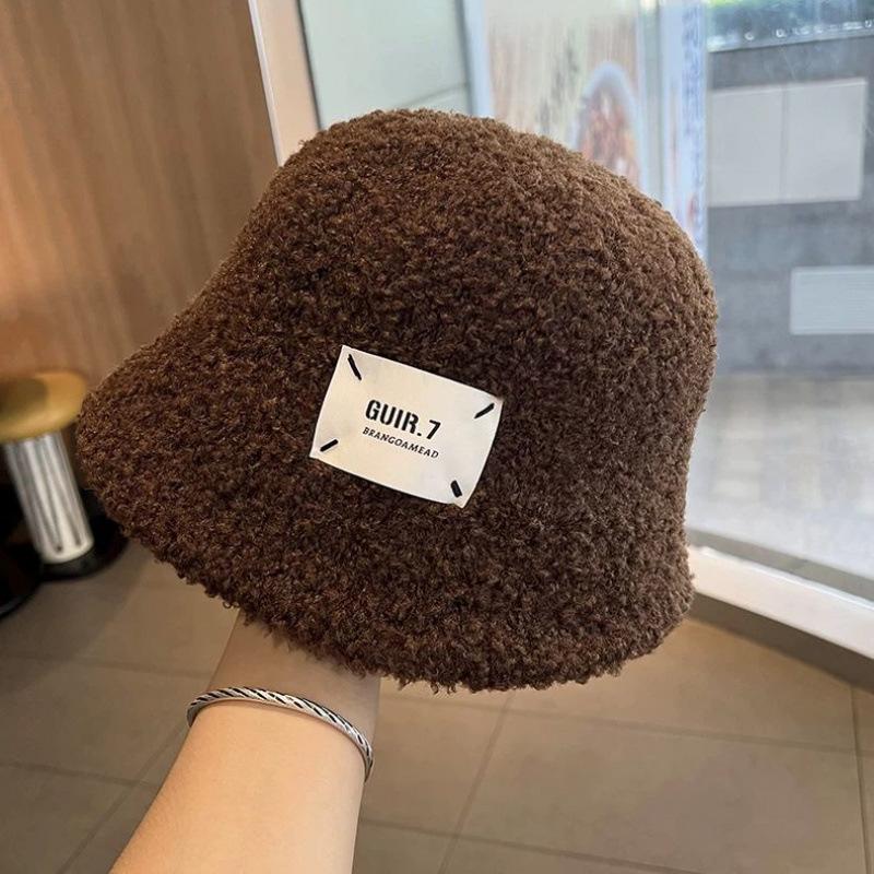 Lamb wool bucket hat women's winter face small thermal basin hat casual versatile short brim plush fisherman hat