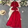 Women Summer Skirt Two Pieces Sets Short Sleeve Lace Shirt Elegant High Waitst A-line Pleated Skirt Chiffon Sets
