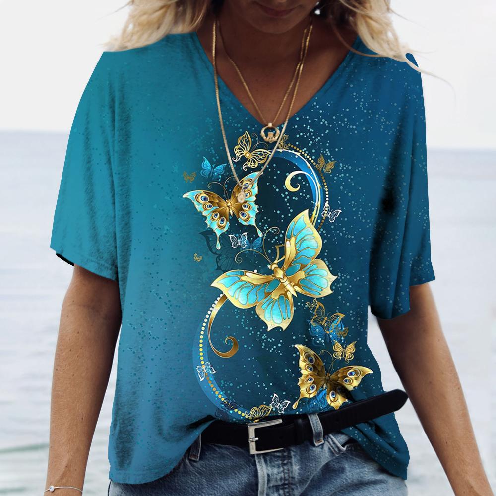 Женские футболки с v-образным вырезом, модные футболки с цветочным рисунком, летние короткие женские топы с принтом, повседневные футболки в стиле Харадзюку 5XL