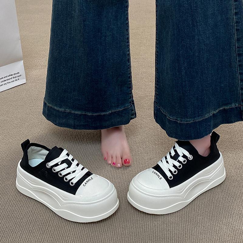 Platform canvas shoes new summer ugly cute height small size low top board shoes black sneakers