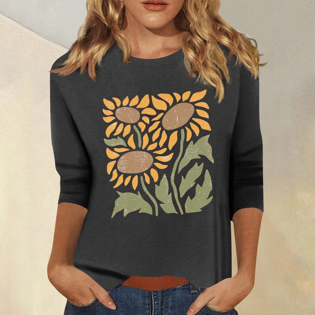 Women's Fashion Casual Printed Seven Sleeve Round Neck Top