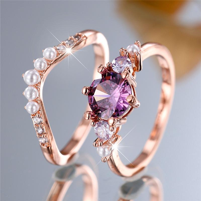 Элегантный круглый фиолетовый циркон искусственный жемчуг кольца набор для женщин изысканный розово-золотой цвет циркон кольцо винтажные ежедневные вечерние украшения лучший подарок