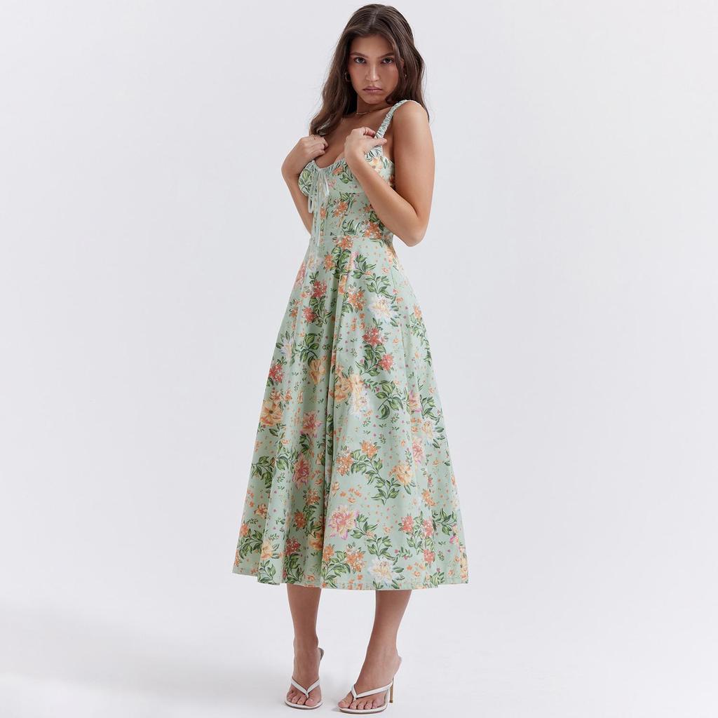 Женское платье длиной до щиколотки с открытой спиной и принтом на тонких бретельках с v-образным вырезом и высокой талией