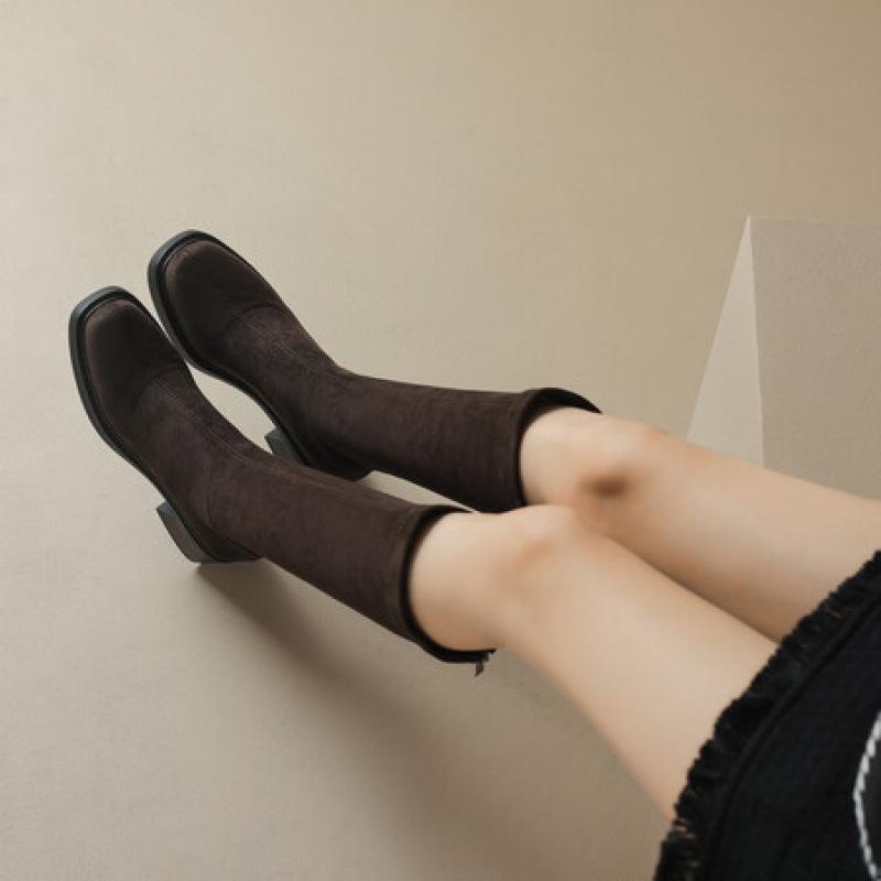 Корейская версия новых замшевых высоких сапог однотонные на задней молнии на среднем каблуке большого размера женские кожаные сапоги осень и зима круглый носок Мартин б