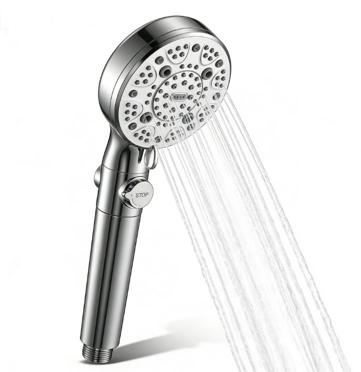 Shower head with 9 water chlorine high water and water bubble 002 modes, 90% saving, removal, pressure, hand-operated shut-off (standard, silver)