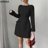 Элегантное женское повседневное мини-платье с круглым вырезом, длинными рукавами и облегающим силуэтом по талии.
