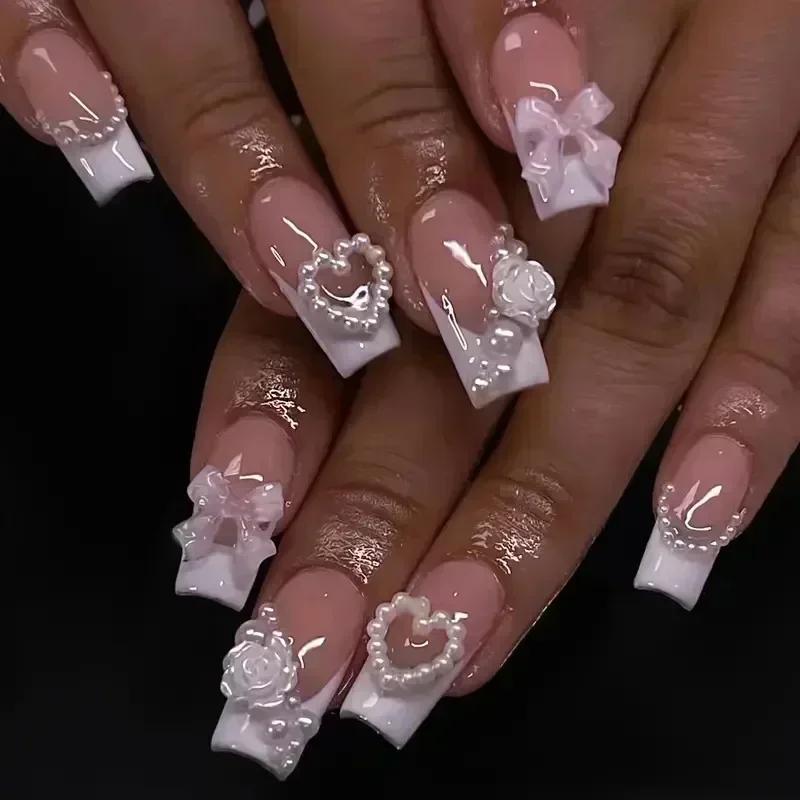 24Pcs French False Nails Pink Zebra Pattern Press on Nails Medium Square Coffin False Nails Y2k Artificial Full Cover Nail Tips