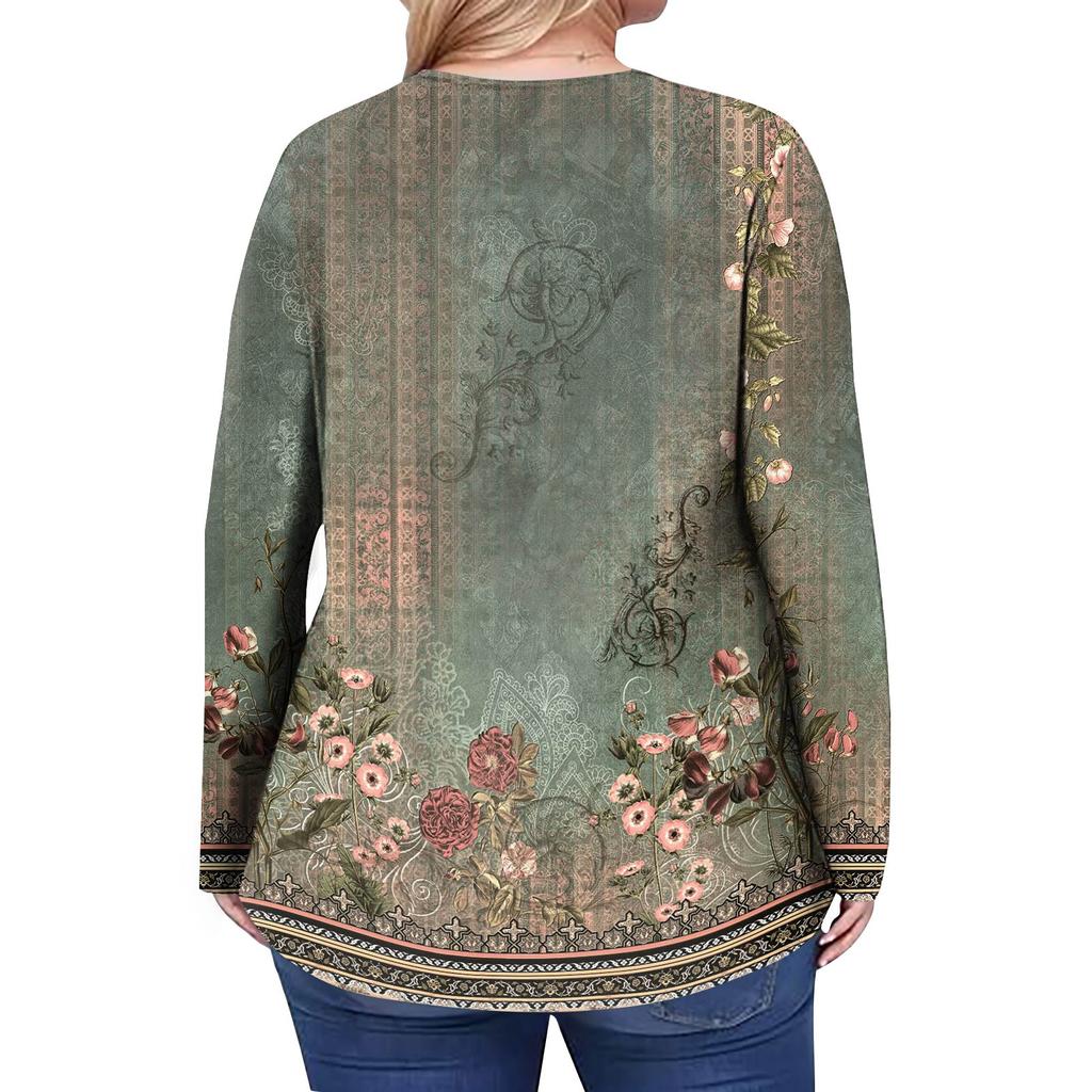 Women's Plus Size Fashion Printed Casual Pleated Round Neck Long Sleeve Top