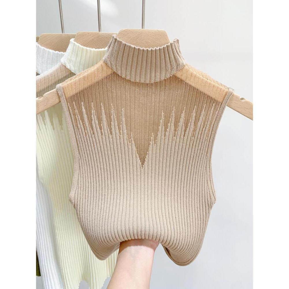 Summer Women Knitted Sleeveless T-shirt Mesh Hanging Neck Semi-high Neck Small Vest Female Undershirt Street Clothes