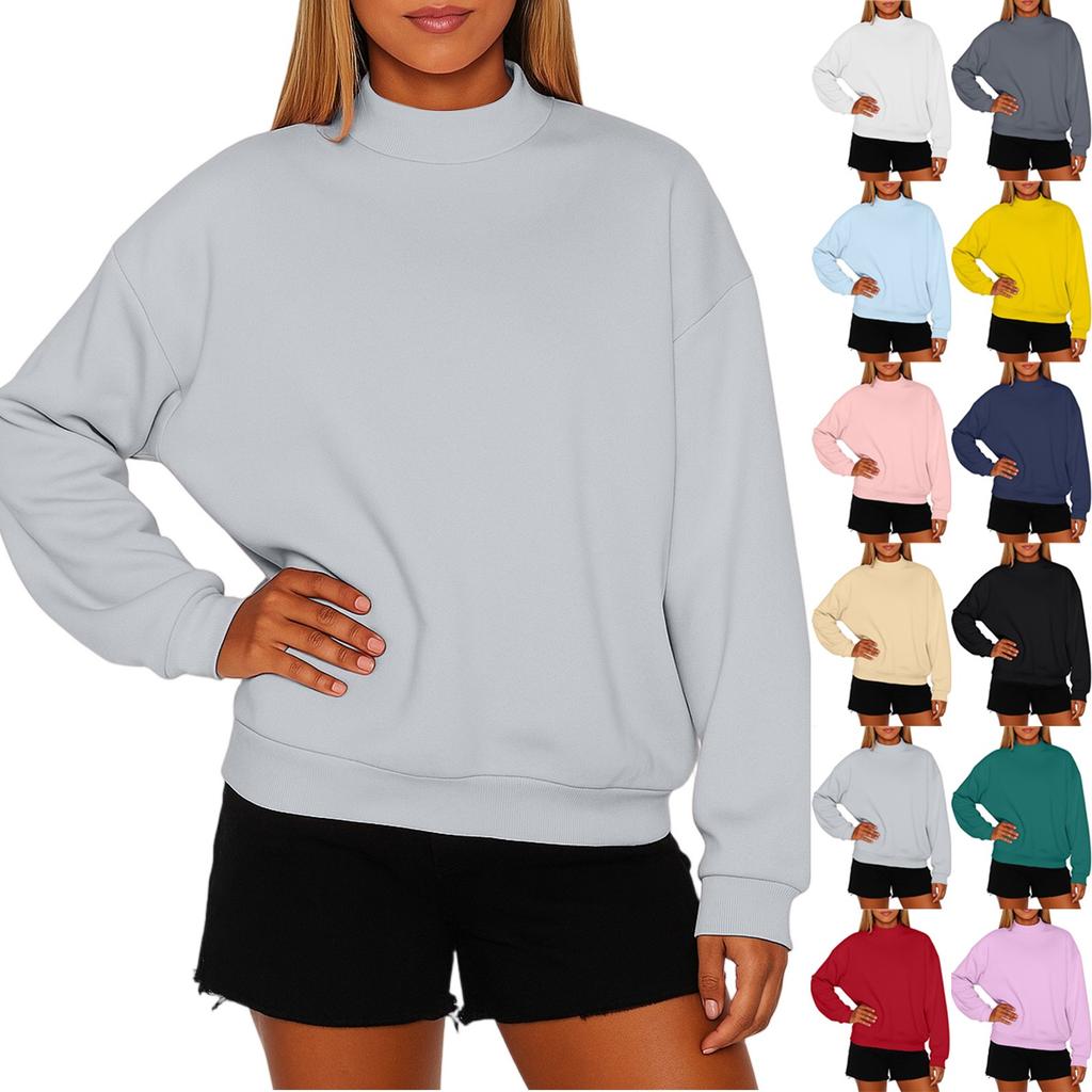 Women's Solid Color Fleece Sweatshirt With A Small High Neck And Loose Fit