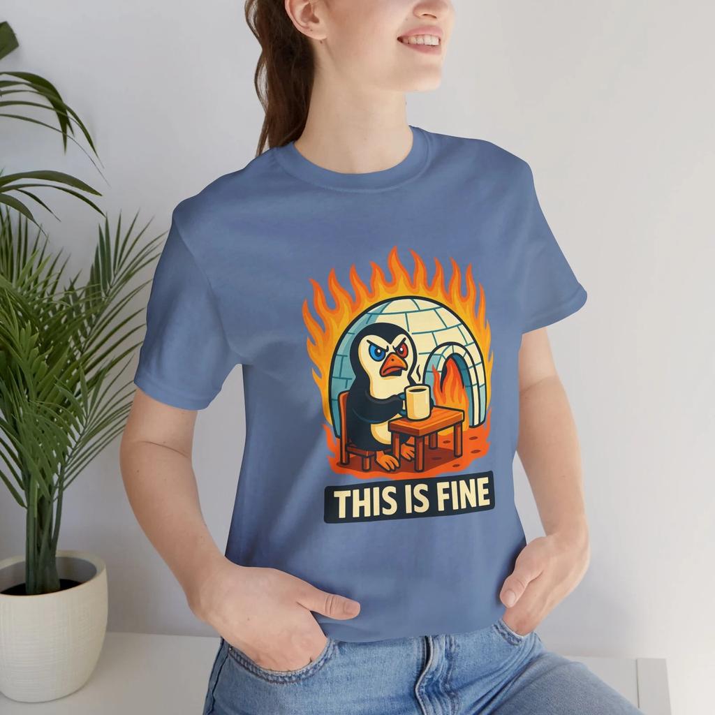This Is Fine Penguin Meme Shirt, Gen Z Humor Gift Tee, Relatable Comic Tee