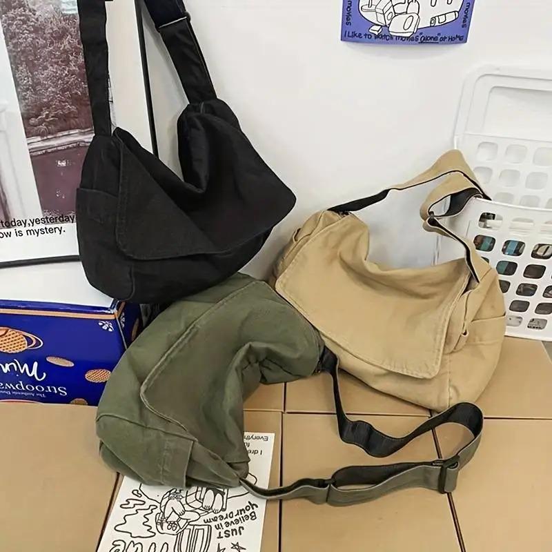 Water-washed canvas sling bag, trendy large-capacity shoulder bag, casual solid colour, student fashion messenger bag
