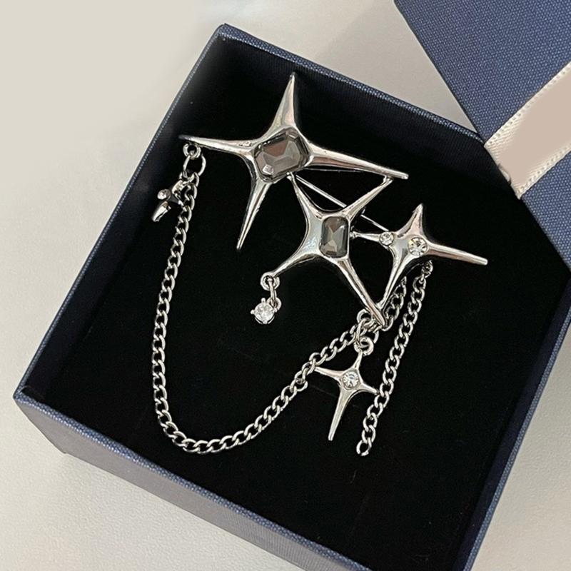 Стильная женская брошь-булавка в виде четырехконечной звезды на цепочке, булавка для блузки, хрустальный значок, ювелирное украшение, индивидуальная панк-брошь для женщин