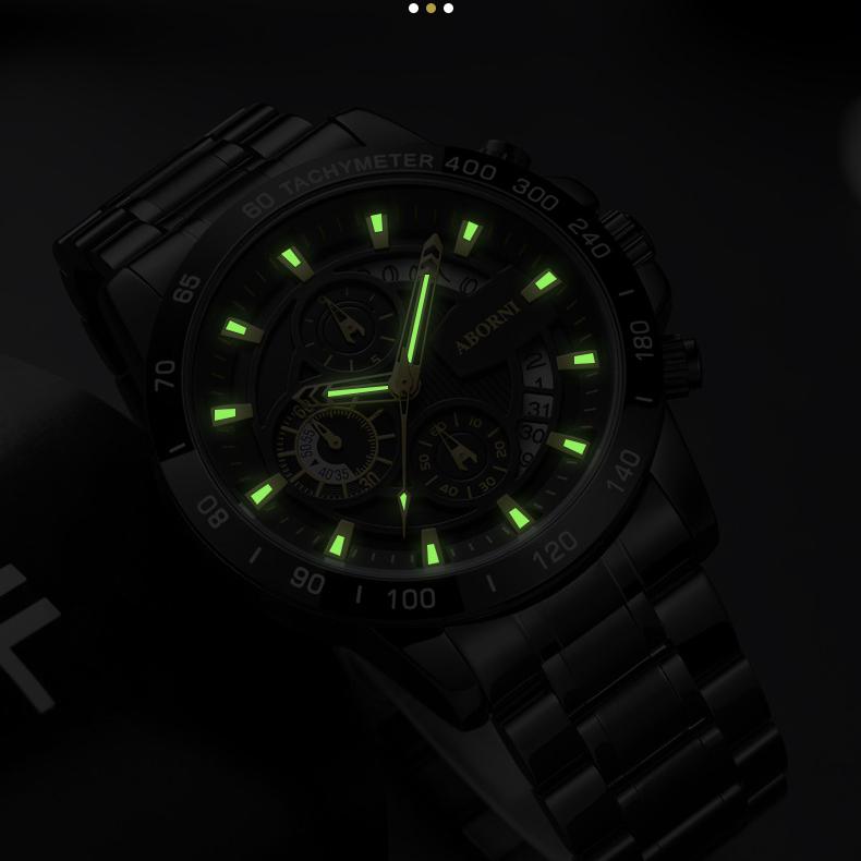 ABORNI WATCH Мужские деловые светящиеся в темноте водонепроницаемые стальные мужские часы с хронографом Кварцевые часы