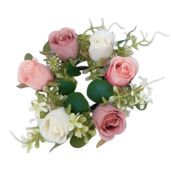 Artificial Rose Candle Ring Wreath Faux Silk Floral Wedding Centerpiece Rustic Fake Rose Candle Holder for Christmas Home Table Decor