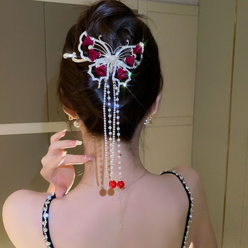 Женская красная кисточка с цветком, жемчуг, изысканная заколка-автомат для волос для женщин, рождественские заколки, зажим для волос, головной убор для невесты на Новый год