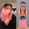 Женский парик длиной до плеч, черный, розовый, с челкой, короткий прямой парик из синтетического волокна, повседневная одежда