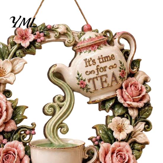 Garden Gift for Family It's Time Tea Door Sign, Metal Floral Wreath Hanger with Teapot Teacup Design, Yard Art Sculptures Rustic Wall Decor
