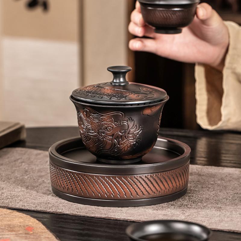 Jianshui Purple Pottery Gaiwan Dragon Handmade Household Kung Fu Tea Set Tea Bowl Tea Cup Tea Maker Tea Ceremony Tea Tureen