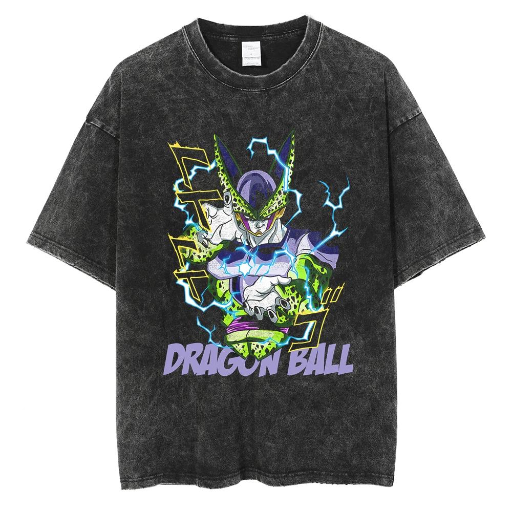 Men Hip Hop Streetwear T Shirt Dragon Ball Graphic T Shirt Cotton Loose Short Sleeve Black Washed Tshirt Oversize Harajuku