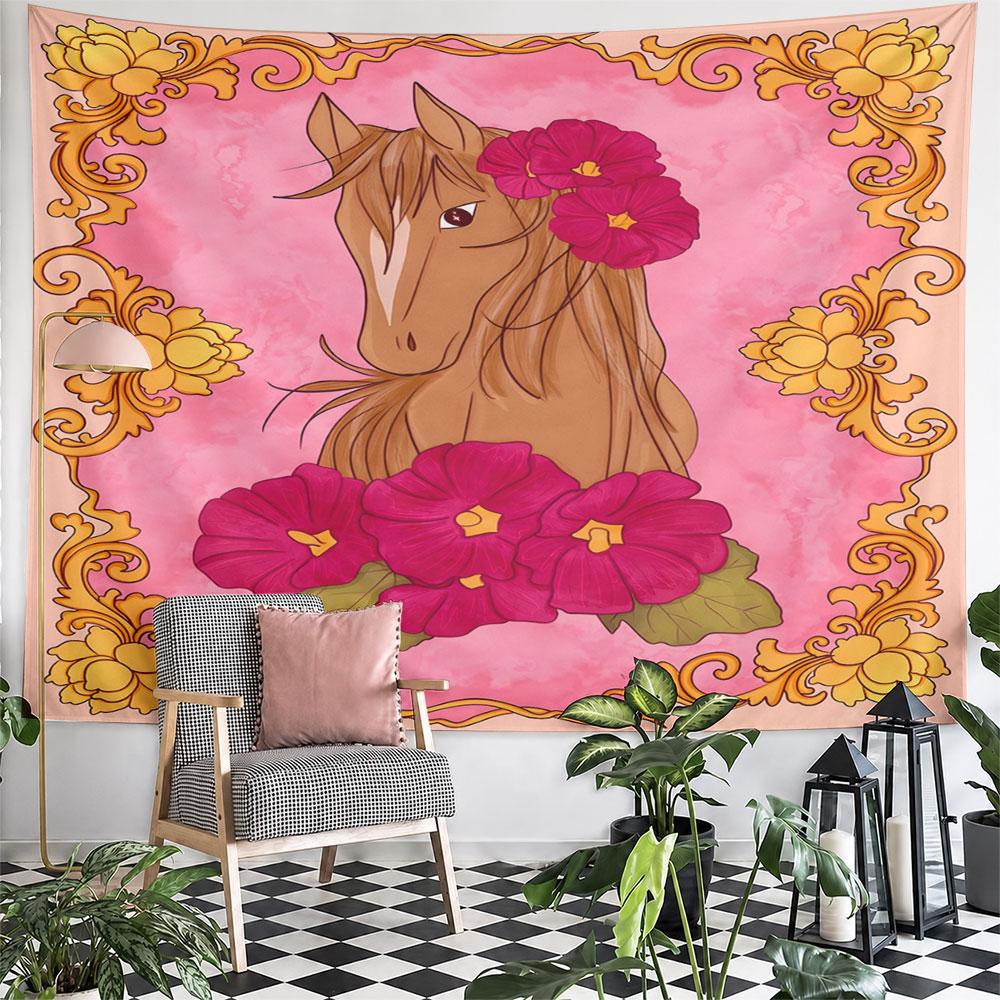 Horse with Flowers and Ornate Frame Design Pattern Wall Hanging Tapestry Decorative Tapestry Home Decor for Bedroom and Living Room